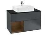 Villeroy und Boch Finion Waschtischunterschrank F112GNHG 100cm, Abdeckplatte white matt, Regal links Walnut veneer, Midnight Blue Matt Lacquer