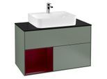 Villeroy und Boch Finion Waschtischunterschrank F112HBGM 100cm, Abdeckplatte white matt, Regal links Peony, Olive Matt Lacquer