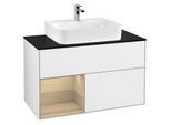 Villeroy und Boch Finion Waschtischunterschrank F112PCGF 100cm, Abdeckplatte white matt, Regal links Oak Veneer, Glossy white lacquer