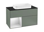 Villeroy und Boch Finion Waschtischunterschrank G242MTGM 100cm, Abdeckplatte black matt, Emotion, Regal links White matt lacquer, Olive Matt Lacquer
