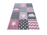 Ayyildiz , Grau, Weiß, Pink , Textil , Herz , rechteckig , 120x170 cm , Oeko-Tex® Standard 100 , für Fußbodenheizung geeignet, schmutzabweisend, für Hausstauballergiker geeignet, lichtunempfindlich, antistatisch, pflegeleicht, strapazierfähig, leicht zusammenrollbar , Teppiche & Böden, Teppiche, Kinderteppiche