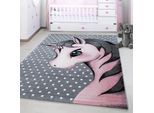 Kinderteppich AYYILDIZ TEPPICHE "Kids 590" Gr. 2, pink (pink, grau), B:80cm H:12mm L:150cm, Kunstfaser, Teppiche, Kinderteppich, auch in rund, Einhorn Motiv, Kurzflor