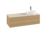 Villeroy und Boch Antao Waschtisch-Unterschrank L34153HN mit Beleuchtung mit Struktur, 120x36x50cm, Hahnloch, Waschbeckenplattenfarbe botticino, honey oak