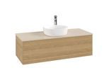 Villeroy und Boch Antao Waschtisch-Unterschrank L32053HN mit Beleuchtung, 120x36x50cm, Hahnloch, Waschbeckenplattenfarbe botticino, honey oak