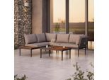 Beldano , Grau, Naturfarben , Holz, Metall, Glas, Textil , Akazie , massiv , Füllung: Komfortschaum,Polyester , L-Form , 186x150 cm , UV-beständig, Tisch mit Glasplatte , Gartenmöbel, Loungemöbel, Loungegarnituren