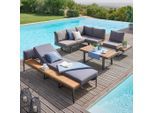 Beldano , Grau, Teakfarben , Holz, Metall , Akazie , massiv , Füllung: Komfortschaum , Tisch höhenverstellbar, UV-beständig , Gartenmöbel, Loungemöbel, Loungegarnituren