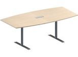 Schäfer Shop Genius Konferenztisch MODENA FLEX, mit Tischanschlussfeld, Boot, T-Fuß Rundrohr, B 2000 x H 650-850 mm, Ahorn/weißaluminium RAL 9006