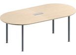 Schäfer Shop Genius Konferenztisch MODENA FLEX, 3-fach Anschluss, Oval, 4-Fuß Rundrohr, B 2000 x T 1000 x H 720-840 mm, Ahorn/weißalu