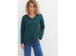 Strickpullover BONPRIX "Milano Rib Pullover mit V-Ausschnitt", Damen, Gr. 36/38 (S), blau (pfeffergrün), Milano Rib;Strick, Obermaterial: 50% Baumwolle, 50% Polyacryl, unifarben, bequem hüftbedeckend, V-Ausschnitt, Strickkante, Pullover Strickpullover, aus Baumwoll-Milano Rib, mit V-Ausschnitt, bequeme Passform