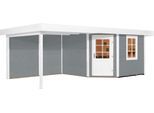 Gartenhaus WEKA "Designhaus 213 Plus", grau (grau, weiß), Fußboden im Gartenhaus, Rückwand, ohne Dacheindeckung, Massivholz, Gartenhäuser, Gartenhaus, mit Anbaudach und Rückwand