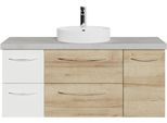 Waschtisch SAPHIR "Serie 4035 Keramik-Aufsatzbecken mit Unterschrank, 118 cm breit", braun (riviera eiche quer nachbildung, riviera eiche quer nachbildung, weiß glanz), B:118cm H:61,2cm T:44,5cm, Holzwerkstoff, Waschtische, Waschtisch, Waschplatz, 4 Schubladen, 1 Tür, inkl. Türdämpfer, Griff Chrom Glanz