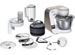 BOSCH Küchenmaschine "Serie 4 MUM5XW20, integr. Waage, Durchlaufschnitzler, weiß/champagner", weiß (weiß, champagner), B:28cm H:28,2cm T:27,1cm, Küchenmaschinen, 4 Scheiben, Mixer, Edelstahlschüssel, Knethaken/Rühr-/Silikonbesen, Küchenmaschine