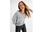 Strickpullover BONPRIX "Feinstrickpullover aus Viskose-Mix", Damen, Gr. 40/42 (M), grau (grau meliert), Feinstrick, Obermaterial: 50% Viskose, 26% Polyamid, 24% Polyester, bestickt, unifarben, bequem hüftlang, Rundhals, weit extrabreites Bündchen, Pullover Strickpullover, aus Viskose-Mix, mit Herzen-Stickerei, bequeme Passform