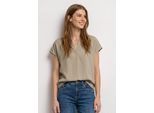 Kurzarmbluse STREET ONE, Damen, Gr. 34, timeless beige, Stoff, 100% Viskose, unifarben, normal normal, Rundhals, abgesteppt, Blusen, mit geschlitztem Rundhalsausschnitt