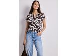 Shirtbluse STREET ONE, Damen, Gr. 42, espresso braun, Stoff, 100% Viskose, gemustert, klassisch normal, Rundhals, abgesteppt, Blusen, mit geschlitztem Rundhalsausschnitt