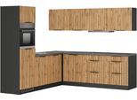 Winkelküche KOCHSTATION "KS-Lagos, Stellbreite 240/240 cm, wahlweise mit E-Geräten", beige (küche: natur, front: listrado eiche, korpus: grafitgrau, arbeitsplatte: betongrau), B:240cm H:200cm T:60cm, Komplettküchen-Sets, Winkelküche, GK-oder Induktionskochfeld,Kühlschrank,Spüle edelstahl oder schwarz
