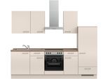 Küchenzeile NOBILIA "Laser I", NEU: individuell anpassbar mit gratis Profi-Beratung", beige (küche: natur, korpus: sandfarben, arbeitsplatte: eiche havanna nachbildung), B:270,3cm H:216,6cm T:60cm, Komplettküchen-Sets, Küchenzeile, vormontiert, 270 cm breit, optional mit verschiedenen E‑Geräte-Sets