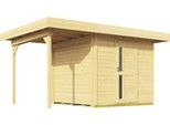 Gartenhaus WEKA "Designhaus 172 A", beige (naturbelassen), Fußboden im Gartenhaus, ohne Dacheindeckung, Massivholz, Gartenhäuser, Gartenhaus, mit Anbaudach
