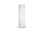 Laptopschrank mit Ladefunktion, 10 Abteile mit Zylinderschloss, CH-Stecker, Stahlblech lichtgrau RAL 7035/reinweiss RAL 9010