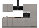 Küchenzeile NOBILIA "Laser II", NEU: individuell anpassbar mit gratis Profi-Beratung", grau (küche: grau, korpus: taupegrau, arbeitsplatte: eiche havanna nachbildung), B:300,3cm H:216,6cm T:60cm, Komplettküchen-Sets, Küchenzeile, vormontiert, 300 cm breit, optional mit verschiedenen E‑Geräte-Sets