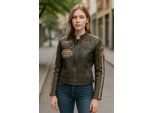 Dames Vintage Tan Biker Racing Badges Leren Jas - Eastleigh