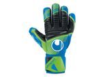 Torwarthandschuhe UHLSPORT "Torwarthandschuhe AQUASOFT HN", Gr. 10.5, blau (blau, grün, schwarz), Obermaterial: 64% Gummi rubber. 24% Polyester PES. 7% Nylon NY. 5% Polyurethan PU., Handschuhe Torwarthandschuhe