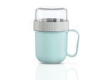 Müslibox XAVAX "Müslibecher ToGo, 500 + 200 ml, auslaufsicher (2 Fächer, extra Topper)", blau (pastellblau), H:15cm Ø:8,7cm, ABS-Kunststoff, Polyprophylen (PP), Silikon, Lebensmittelaufbewahrungsbehälter, Müslibox