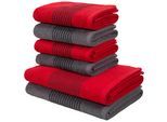 Handtuch Set BRUNO BANANI "Jassen, Duschtücher, Handtücher", rot (rot, anthrazit), 6 Stk., Walkfrottee, Walkfrottee, Obermaterial: 100% Baumwolle, Handtuch-Sets, Handtuch Set, mit gestreifter Bordüre, 6 teiliges Handtücher Set aus 100% Baumwolle