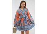 V-hals Paisley A-lijn Mini Jurk met Knopen