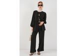 Crew-Neck Lange Tunika und Weitbeinige Hose Set