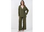 Texturiertes V-Ausschnitt Kimono mit Bindegürtel & weiter Hosen Set