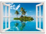 Leinwandbild ARTLAND "Fensterblick Insel Palmen Meer", weiß (farbe bild(er): weiß), B:130cm H:90cm, Bilder, Leinwandbild, auf Holzrahmen gespannt