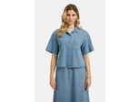 Kurzarmbluse MILANO ITALY, Damen, Gr. 38, blau (denim), Web, Material: 80% Baumwolle, 20% Polyester, unifarben, gerade kurz, hoch geschlossener Ausschnitt, eingesetzt gerader Abschluss, Blusen, mit Brusttasche