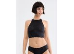 Crop-Top SLOGGI "ZERO Feel Bliss", Damen, Gr. M, schwarz, Spitze, Obermaterial: 76% Polyamid, 24% Elasthan, unifarben, eng bauchfrei, hoch geschlossener Ausschnitt, Tops, nahtlos mit Spitzenoptik