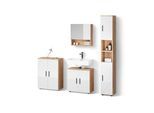 BADMÖBEL-SET Ronco Weiß Hochglanz/Goldkraft Eiche 4 Teile, mit Hochschrank und Kommode
