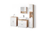 BADMÖBEL-SET Ronco Weiß Hochglanz/Goldkraft Eiche 4 Teile, mit Schubladenschrank und Midischrank