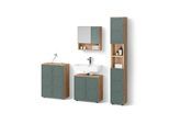 BADMÖBEL-SET Ronco Grün/Goldkraft Eiche 4 Teile, mit Hochschrank und Kommode