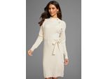 Strickkleid LAURA SCOTT, Damen, Gr. 46, N-Gr, beige (sand, melange), Strick, Obermaterial: 50% Viskose, 26% Polyamid, 24% Polyester, clean, unifarben, figurbetont mini, hoch geschlossener Ausschnitt, Raglanärmel mit Schlitz, Kleider Strickkleid, mit Knopfdetail und Bindegürtel