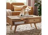 Couchtisch FineBuy Sofatisch 90 cm Massivholz Rattan Wohnzimmertisch Schublade