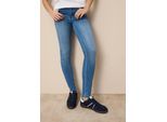 Skinny-fit-Jeans TAMARIS "aus bequemen Stretch-Denim", Damen, Gr. 38, N-Gr, blau (midblau used), Denim/Jeans, Obermaterial: 74% Baumwolle, 24% Polyester, 2% Elasthan, unifarben, skinny fit lang, Jeans, schmale Beinweite, mit Gürtelschlaufenbund, mit Metallreißverschluss