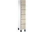 C+P Schliessfachschrank Cambio, 1 Abteil, 6 Fächer, auf Füssen, B 300 x T 525 x H 1980 mm, verkehrsweiss/Sen Esche‑Dekor