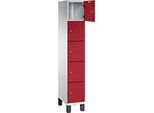 C+P Schliessfachschrank Cambio, 1 Abteil, 5 Fächer, auf Füssen, B 300 x T 525 x H 1980 mm, lichtgrau/rubinrot