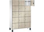 C+P Schliessfachschrank Cambio, 3 Abteile, 15 Fächer, auf Füssen, B 1200 x T 525 x H 1980 mm, verkehrsweiss/Sen Esche-Dekor