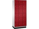 C+P Schliessfachschrank Cambio, 3 Abteile, 18 Fächer, mit Sockel, B 900 x T 525 x H 1980 mm, lichtgrau/rubinrot
