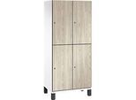 C+P Doppelstöckiger Spind Cambio, 2 Abteile, 4 Fächer, auf Füssen, B 800 x T 525 x H 1980 mm, verkehrsweiss/Sen Esche‑Dekor
