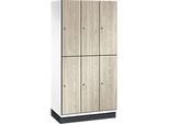 C+P Doppelstöckiger Spind Cambio, 3 Abteile, 6 Fächer, mit Sockel, B 900 x T 525 x H 1980 mm, verkehrsweiss/Sen Esche‑Dekor