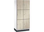 C+P Schliessfachschrank Cambio, 2 Abteile, 6 Fächer, mit Sockel, B 800 x T 525 x H 1980 mm, verkehrsweiss/Sen Esche-Dekor