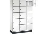 C+P Schliessfachschrank Cambio, 3 Abteile, 15 Fächer, mit Sockel, B 1200 x T 525 x H 1980 mm, verkehrsweiss/weiss