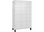C+P Schliessfachschrank Cambio, 3 Abteile, 12 Fächer, auf Füssen, B 1200 x T 525 x H 1980 mm, verkehrsweiss