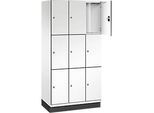C+P Schliessfachschrank Cambio, 3 Abteile, 9 Fächer, mit Sockel, B 900 x T 525 x H 1980 mm, verkehrsweiss/weiss